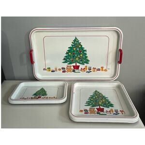 3 Pcs VINTAGE CHRISTMAS TREE TRAY SET SIGNED SALTERA HIMARK JAPAN MELAMINE